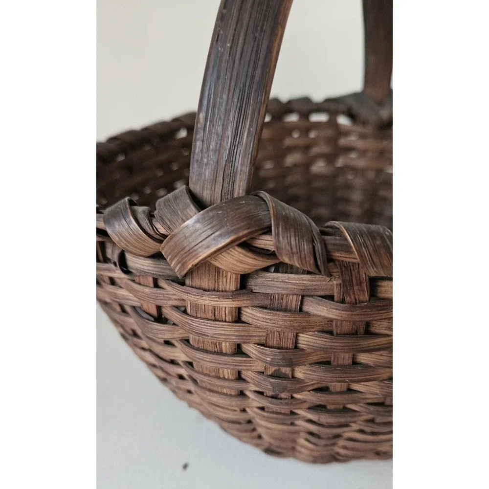 Antique Primitive Woven Split Oak Handle Gathering Basket  SMALL 9